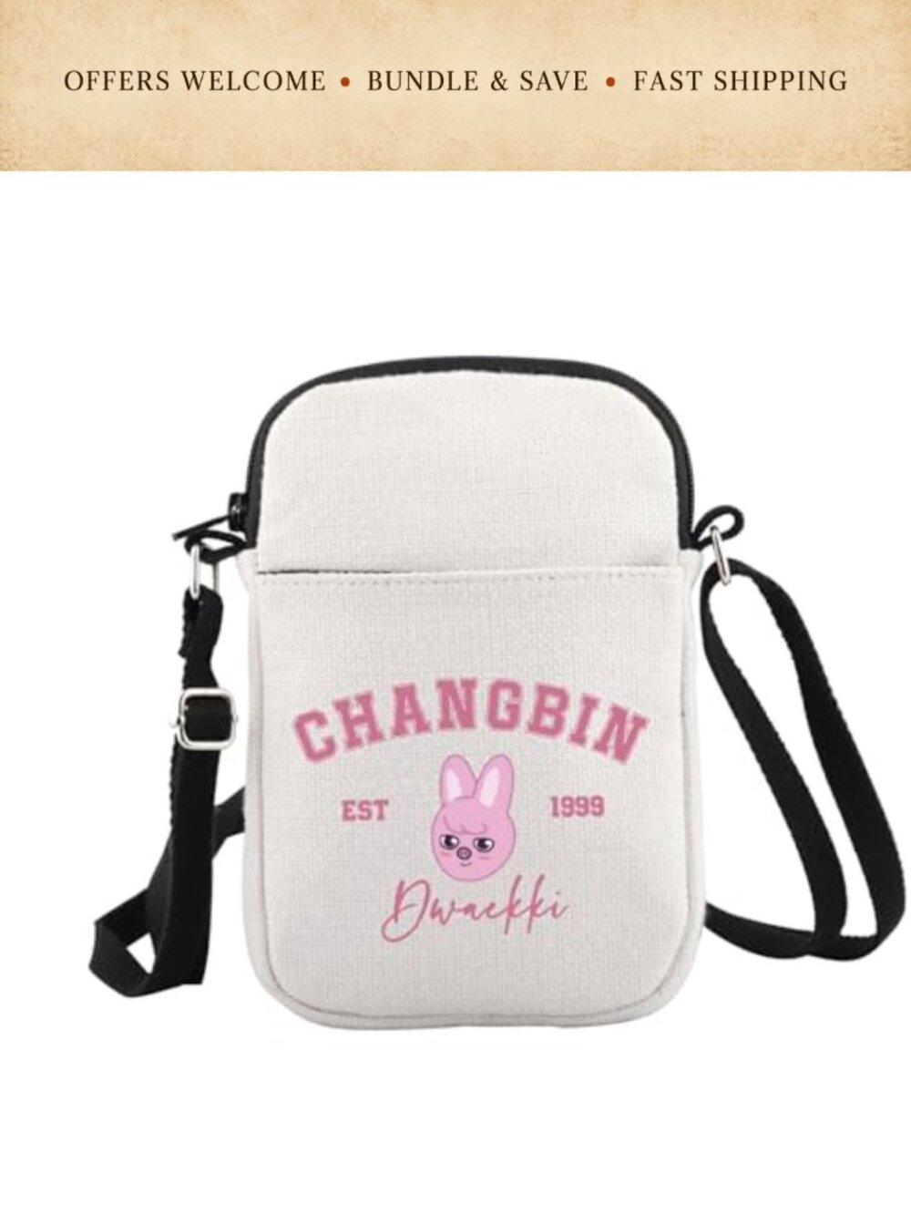 Canvas Crossbody Bag K-Pop Cartoon Print Adjustable Strap Zip Closure